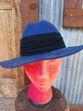 Vintage Importina Wide Brim Blue Felt Fedora with Black Band 70s